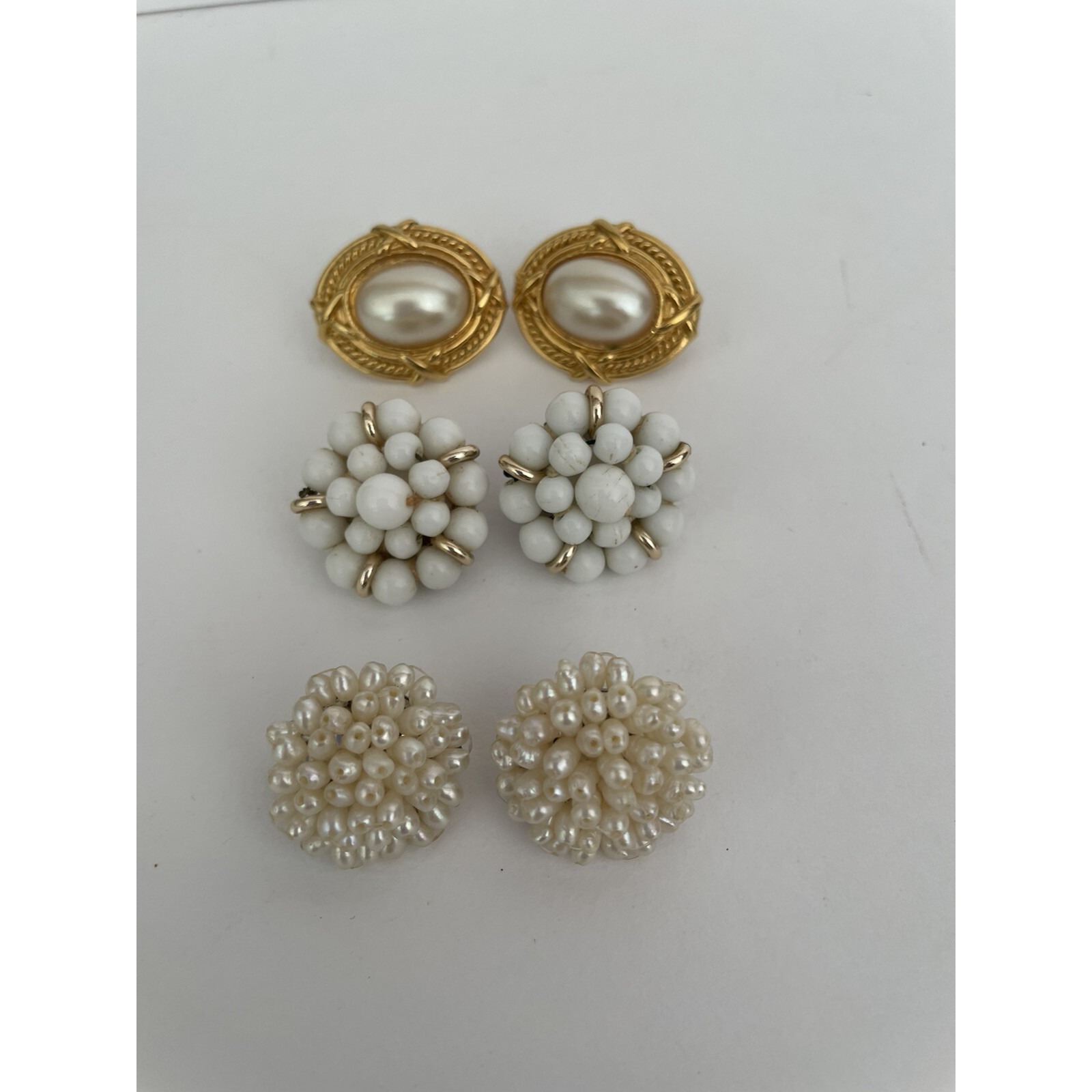 3 Pairs Of Clip On Vintage Earrings Grandmacore Granny Core Faux Pearl Gold Tone 20$